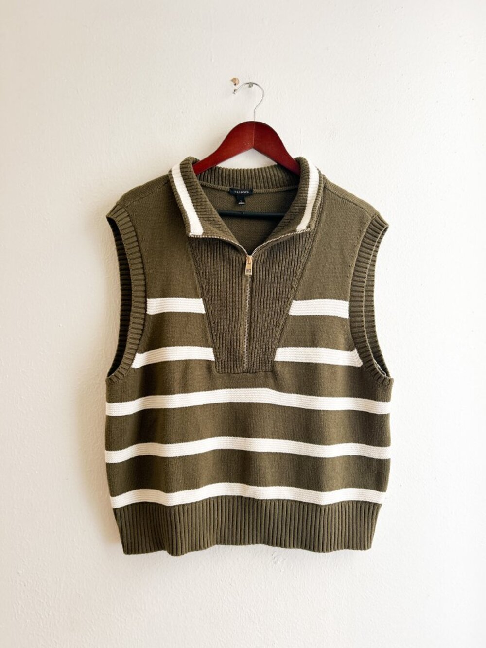 TALBOTS Woman's Half Zip Sweater Vest in Burnt Olive/Ivory SZ L - Picture 2 of 7